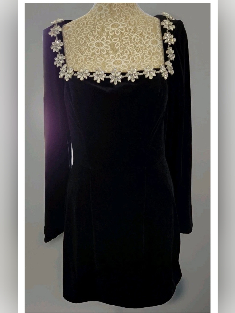 NWT  Black Velvet Dress with Embellished Square Neckline Size 6